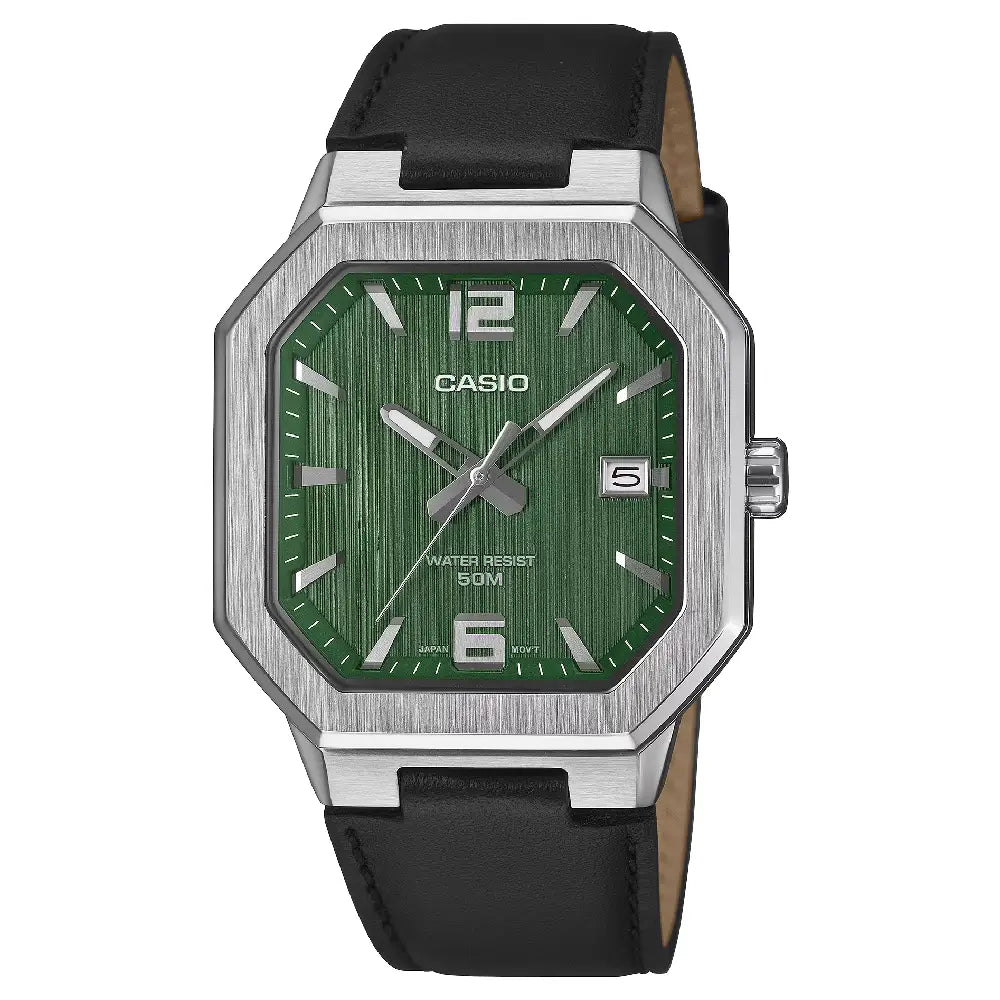 Casio Standard "Octagonal Sport" MTP-B195L-3AVDF Green Dial 38mm Leather Strap Men's Watch