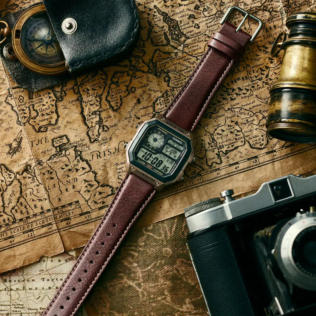 Casio Royale AE-1200WHL-5AVDF Digital Black Dial World Time Leather Strap Men's Watch