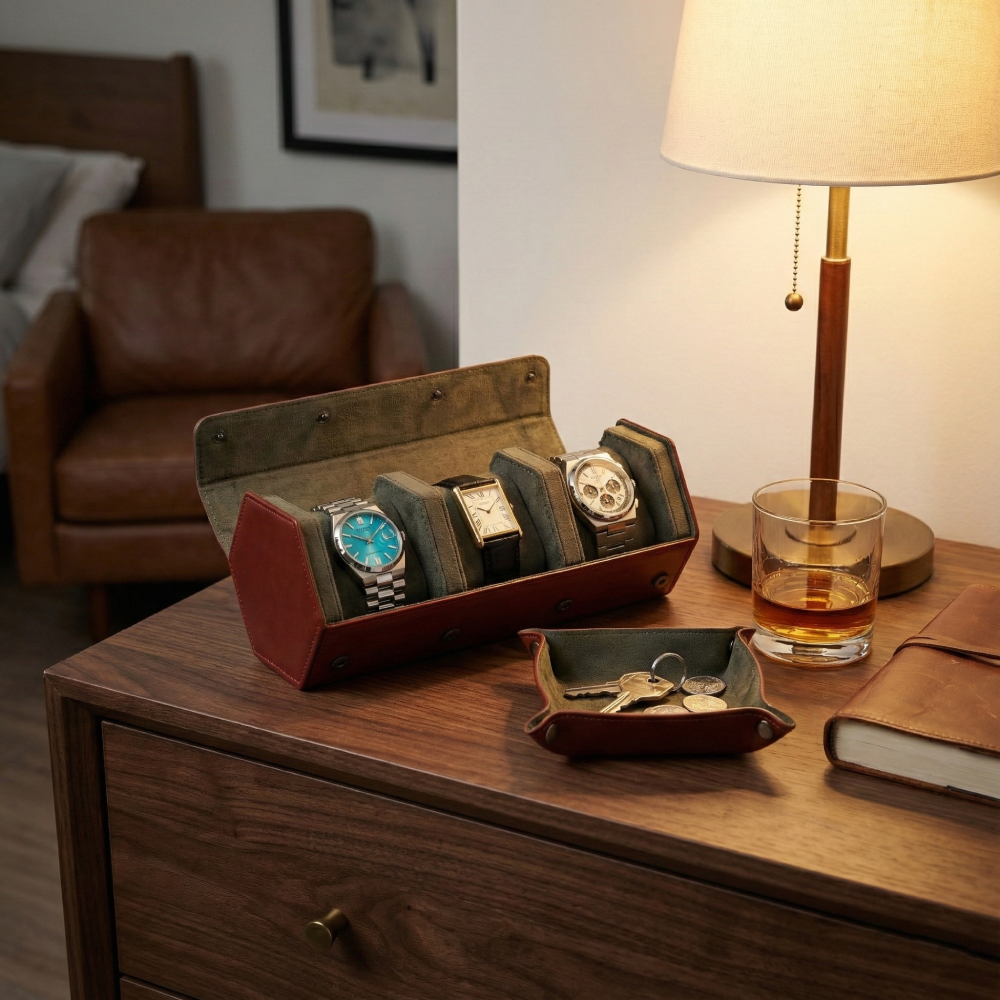 Hexagonal Premium Leather Watch Roll - 3 Slots