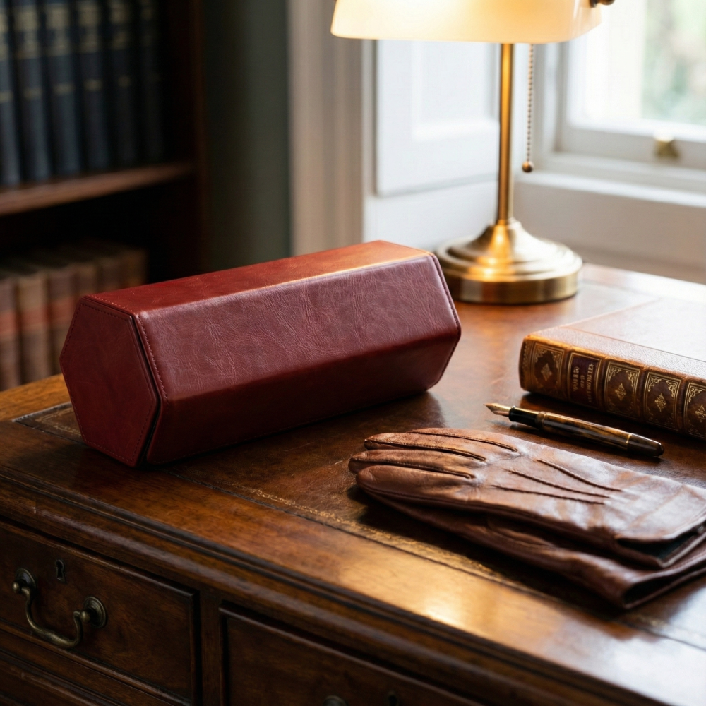 Hexagonal Premium Leather Watch Roll - 3 Slots