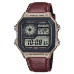 Casio Royale AE-1200WHL-5AVDF Digital Black Dial World Time Leather Strap Men's Watch