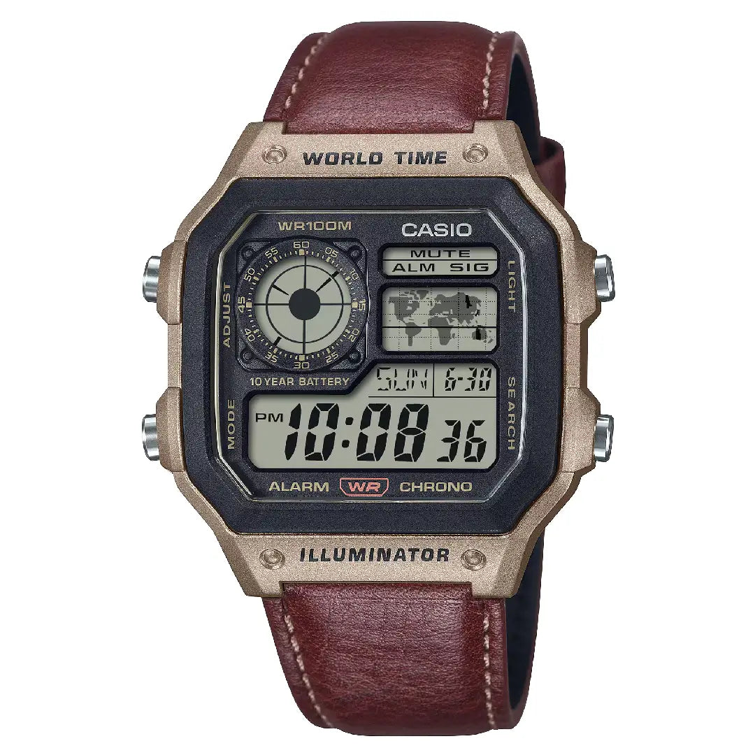 Casio Royale AE-1200WHL-5AVDF Digital Black Dial World Time Leather Strap Men's Watch