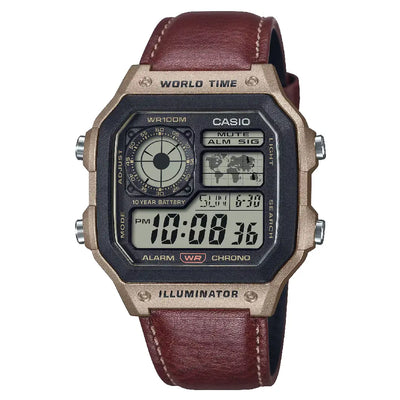 Casio Royale AE-1200WHL-5AVDF Digital Black Dial World Time Leather Strap Men's Watch